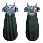 Custom New Zealand Warriors Couples Matching Summer Maxi Dress and Long Sleeve Button Shirt Maori Warrior Polynesia Islander Rugby Mascot