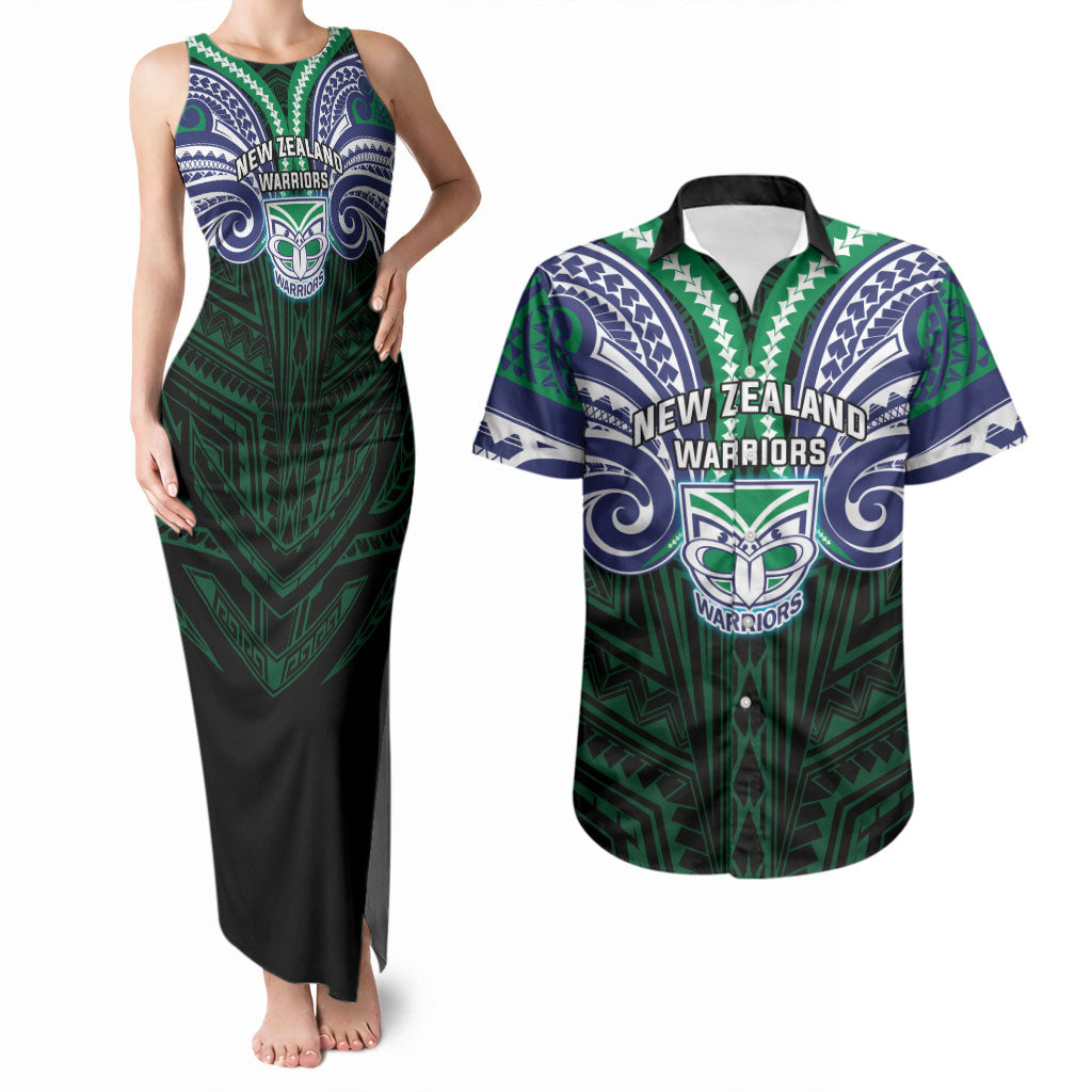 Custom New Zealand Warriors Couples Matching Tank Maxi Dress and Hawaiian Shirt Maori Warrior Polynesia Islander Rugby Mascot