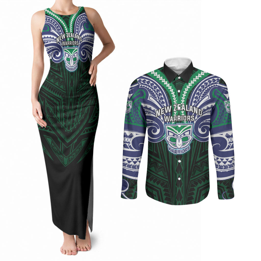 Custom New Zealand Warriors Couples Matching Tank Maxi Dress and Long Sleeve Button Shirt Maori Warrior Polynesia Islander Rugby Mascot