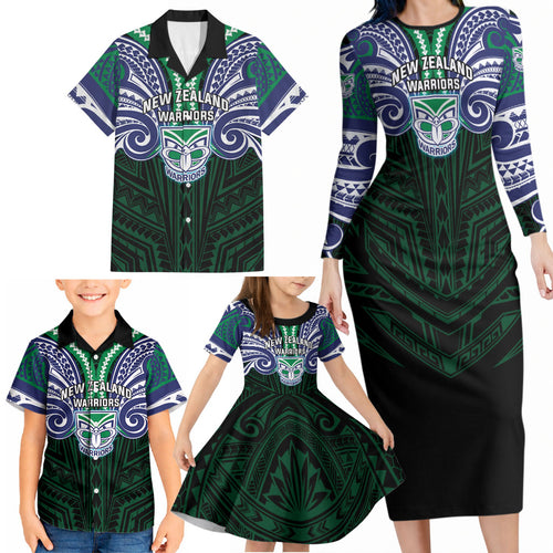 Custom New Zealand Warriors Family Matching Long Sleeve Bodycon Dress and Hawaiian Shirt Maori Warrior Polynesia Islander Rugby Mascot