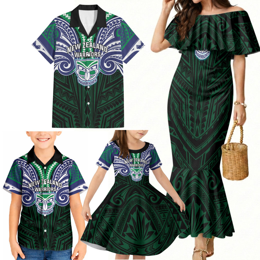 Custom New Zealand Warriors Family Matching Mermaid Dress and Hawaiian Shirt Maori Warrior Polynesia Islander Rugby Mascot