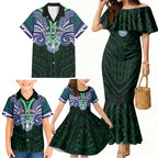 Custom New Zealand Warriors Family Matching Mermaid Dress and Hawaiian Shirt Maori Warrior Polynesia Islander Rugby Mascot