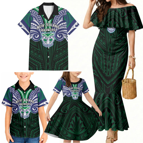 Custom New Zealand Warriors Family Matching Mermaid Dress and Hawaiian Shirt Maori Warrior Polynesia Islander Rugby Mascot