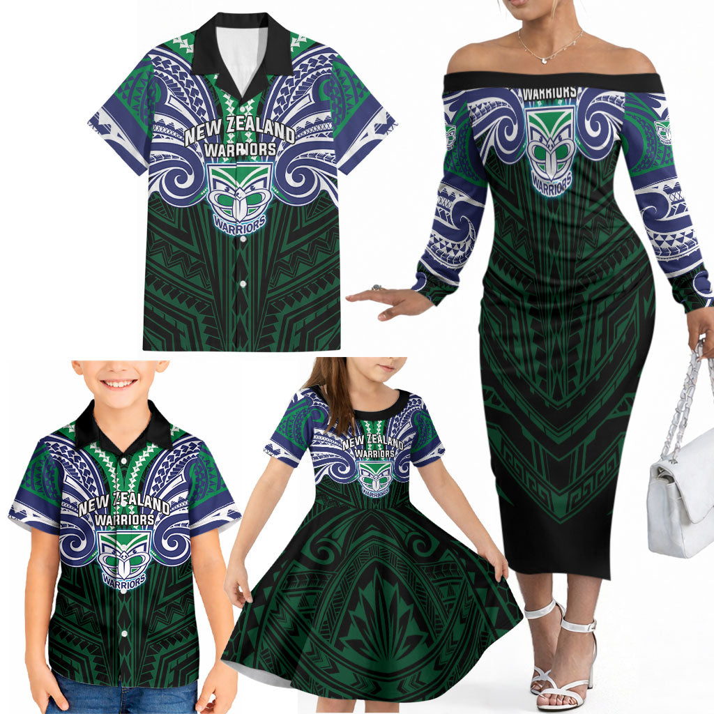 Custom New Zealand Warriors Family Matching Off The Shoulder Long Sleeve Dress and Hawaiian Shirt Maori Warrior Polynesia Islander Rugby Mascot