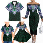 Custom New Zealand Warriors Family Matching Off The Shoulder Long Sleeve Dress and Hawaiian Shirt Maori Warrior Polynesia Islander Rugby Mascot