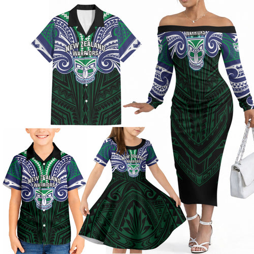 Custom New Zealand Warriors Family Matching Off The Shoulder Long Sleeve Dress and Hawaiian Shirt Maori Warrior Polynesia Islander Rugby Mascot