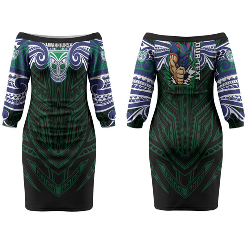 Custom New Zealand Warriors Family Matching Off The Shoulder Long Sleeve Dress and Hawaiian Shirt Maori Warrior Polynesia Islander Rugby Mascot