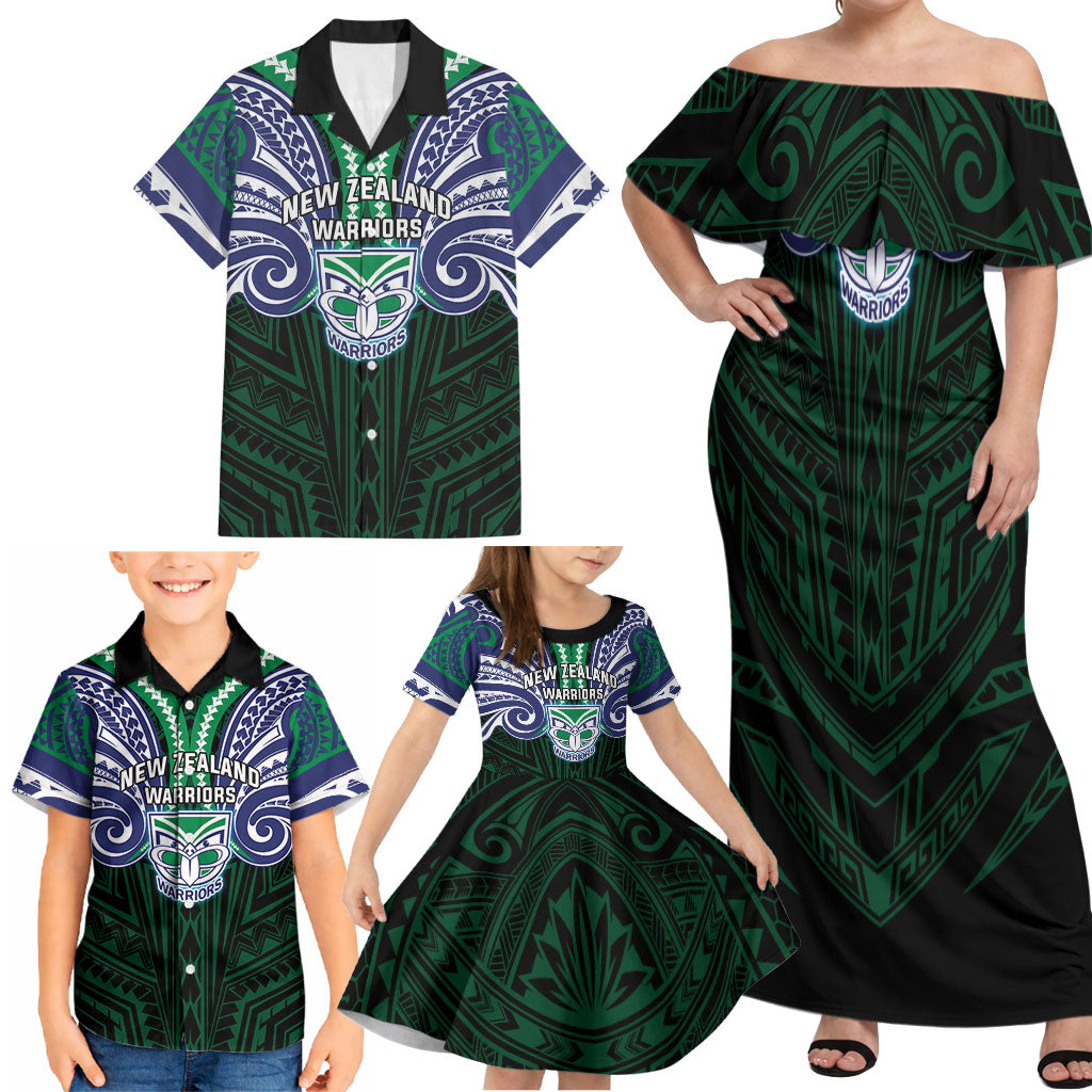 Custom New Zealand Warriors Family Matching Off Shoulder Maxi Dress and Hawaiian Shirt Maori Warrior Polynesia Islander Rugby Mascot