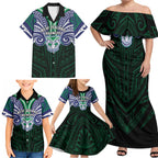 Custom New Zealand Warriors Family Matching Off Shoulder Maxi Dress and Hawaiian Shirt Maori Warrior Polynesia Islander Rugby Mascot