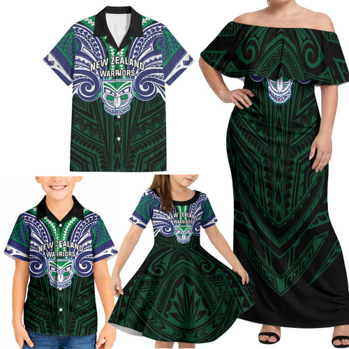 Custom New Zealand Warriors Family Matching Off Shoulder Maxi Dress and Hawaiian Shirt Maori Warrior Polynesia Islander Rugby Mascot