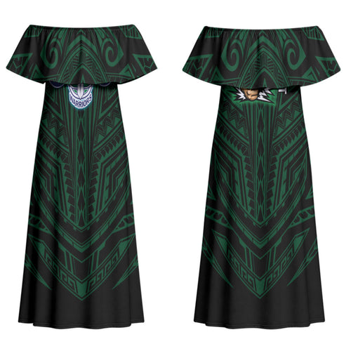 Custom New Zealand Warriors Family Matching Off Shoulder Maxi Dress and Hawaiian Shirt Maori Warrior Polynesia Islander Rugby Mascot