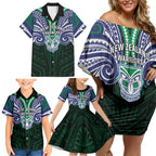 Custom New Zealand Warriors Family Matching Off Shoulder Short Dress and Hawaiian Shirt Maori Warrior Polynesia Islander Rugby Mascot