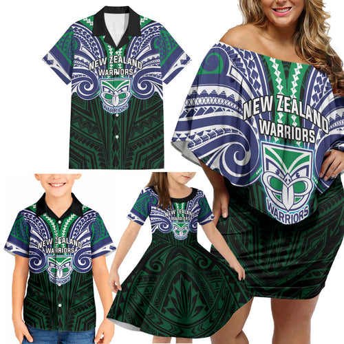 Custom New Zealand Warriors Family Matching Off Shoulder Short Dress and Hawaiian Shirt Maori Warrior Polynesia Islander Rugby Mascot