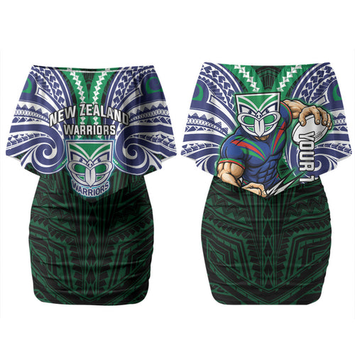 Custom New Zealand Warriors Family Matching Off Shoulder Short Dress and Hawaiian Shirt Maori Warrior Polynesia Islander Rugby Mascot