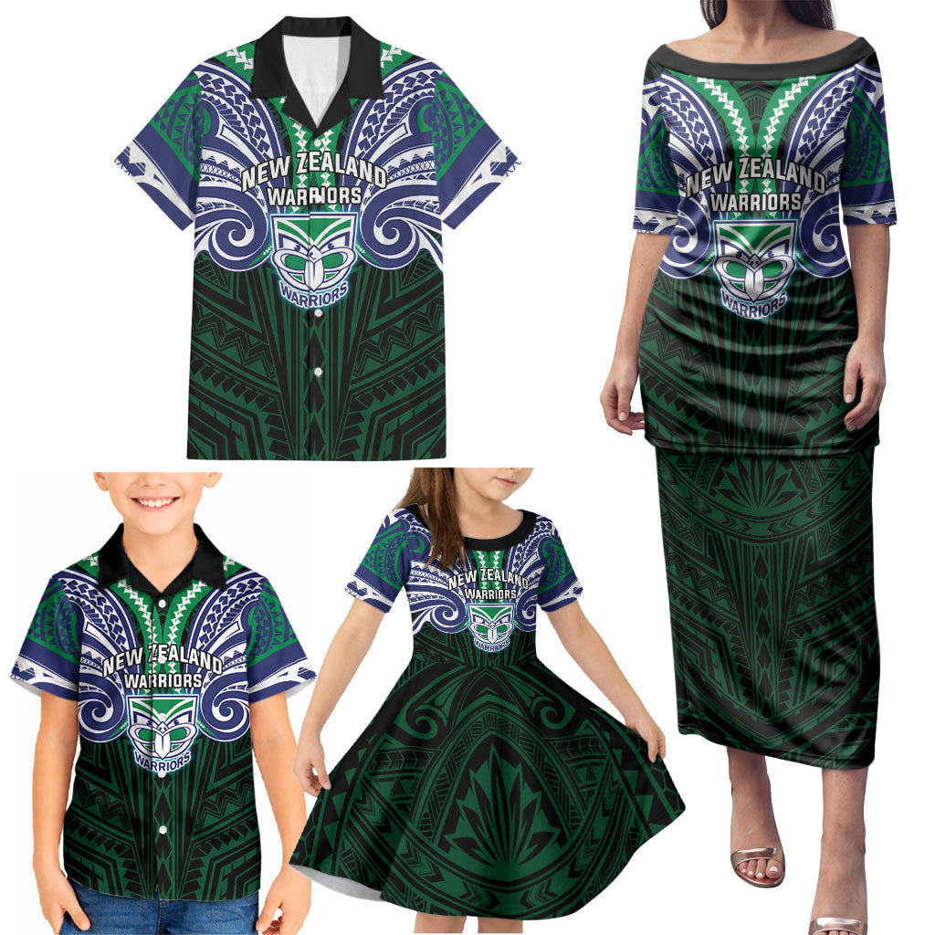 Custom New Zealand Warriors Family Matching Puletasi and Hawaiian Shirt Maori Warrior Polynesia Islander Rugby Mascot