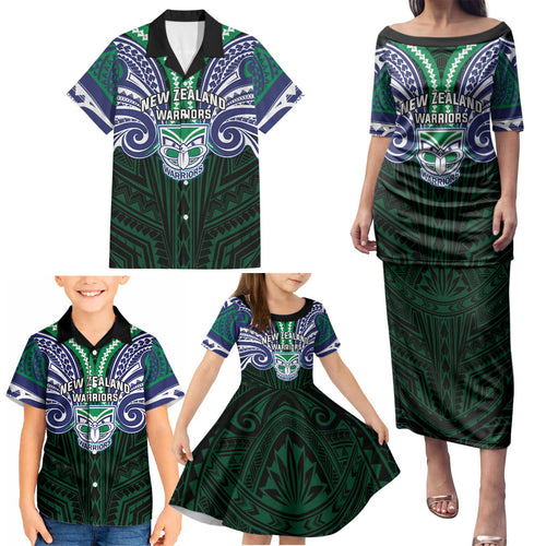Custom New Zealand Warriors Family Matching Puletasi and Hawaiian Shirt Maori Warrior Polynesia Islander Rugby Mascot