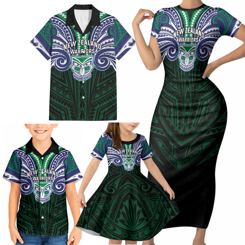 Custom New Zealand Warriors Family Matching Short Sleeve Bodycon Dress and Hawaiian Shirt Maori Warrior Polynesia Islander Rugby Mascot