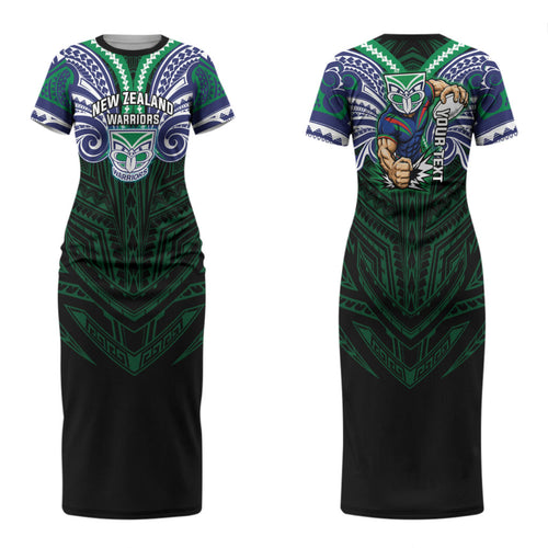 Custom New Zealand Warriors Family Matching Short Sleeve Bodycon Dress and Hawaiian Shirt Maori Warrior Polynesia Islander Rugby Mascot