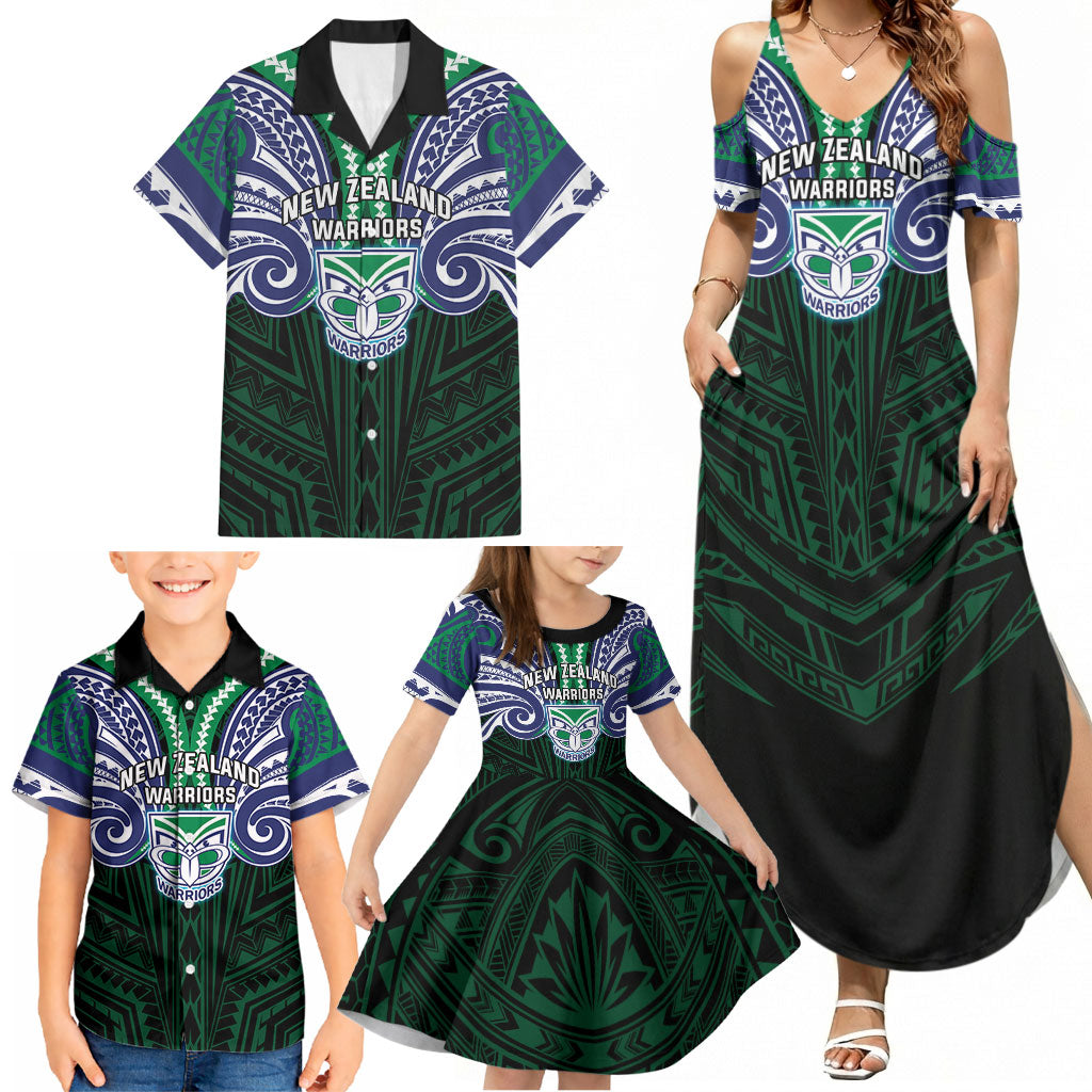 Custom New Zealand Warriors Family Matching Summer Maxi Dress and Hawaiian Shirt Maori Warrior Polynesia Islander Rugby Mascot