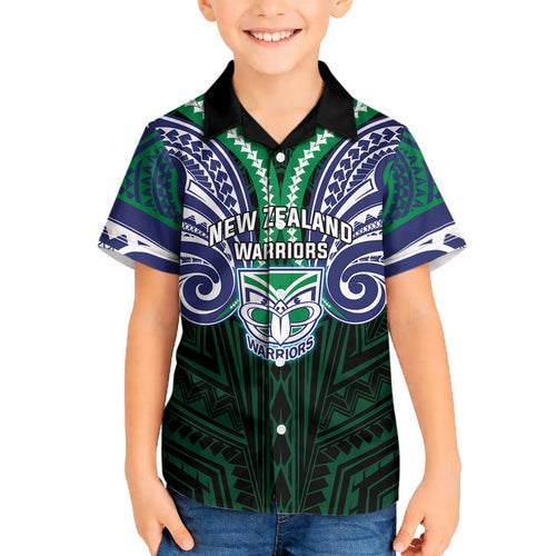 Custom New Zealand Warriors Kid Hawaiian Shirt Maori Warrior Polynesia Islander Rugby Mascot