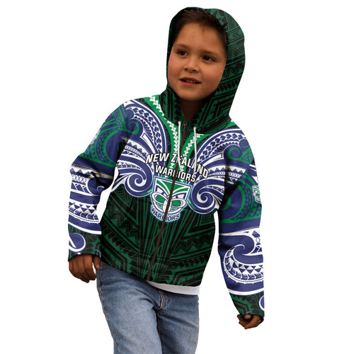 Custom New Zealand Warriors Kid Hoodie Maori Warrior Polynesia Islander Rugby Mascot