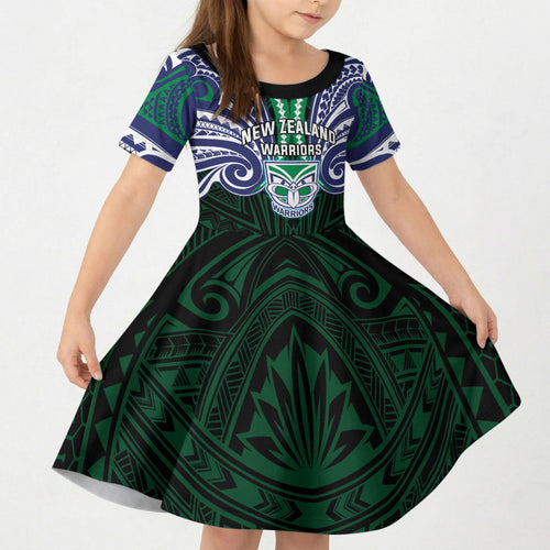 Custom New Zealand Warriors Kid Short Sleeve Dress Maori Warrior Polynesia Islander Rugby Mascot