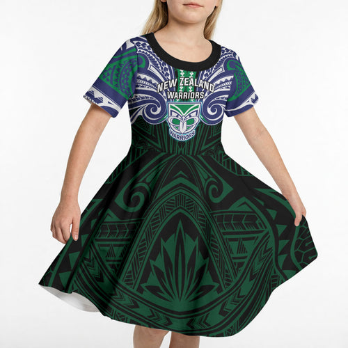 Custom New Zealand Warriors Kid Short Sleeve Dress Maori Warrior Polynesia Islander Rugby Mascot