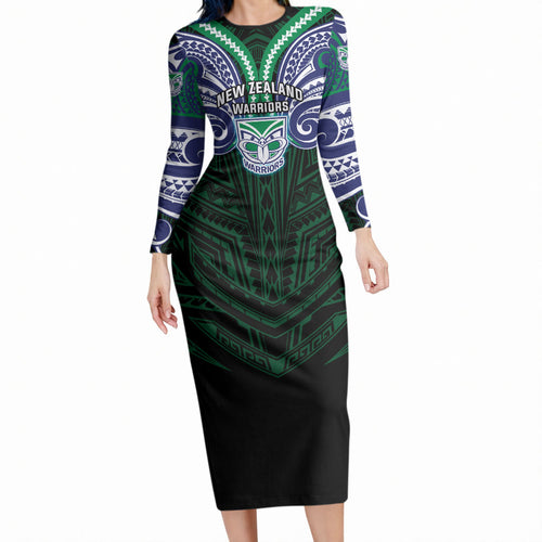 Custom New Zealand Warriors Long Sleeve Bodycon Dress Maori Warrior Polynesia Islander Rugby Mascot