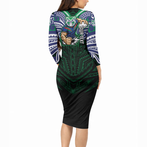 Custom New Zealand Warriors Long Sleeve Bodycon Dress Maori Warrior Polynesia Islander Rugby Mascot