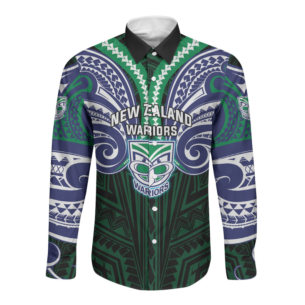 Custom New Zealand Warriors Long Sleeve Button Shirt Maori Warrior Polynesia Islander Rugby Mascot