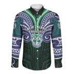 Custom New Zealand Warriors Long Sleeve Button Shirt Maori Warrior Polynesia Islander Rugby Mascot