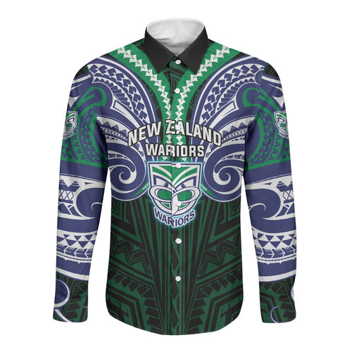 Custom New Zealand Warriors Long Sleeve Button Shirt Maori Warrior Polynesia Islander Rugby Mascot