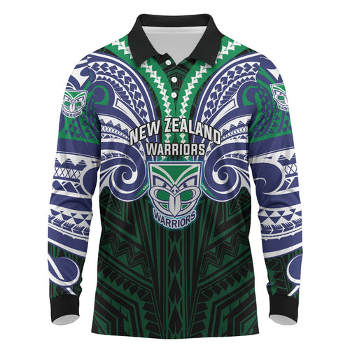 Custom New Zealand Warriors Long Sleeve Polo Shirt Maori Warrior Polynesia Islander Rugby Mascot