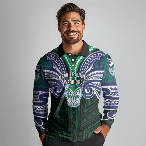 Custom New Zealand Warriors Long Sleeve Polo Shirt Maori Warrior Polynesia Islander Rugby Mascot
