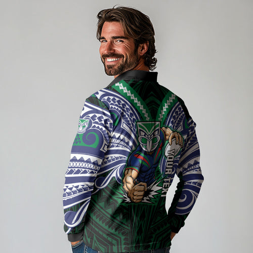 Custom New Zealand Warriors Long Sleeve Polo Shirt Maori Warrior Polynesia Islander Rugby Mascot