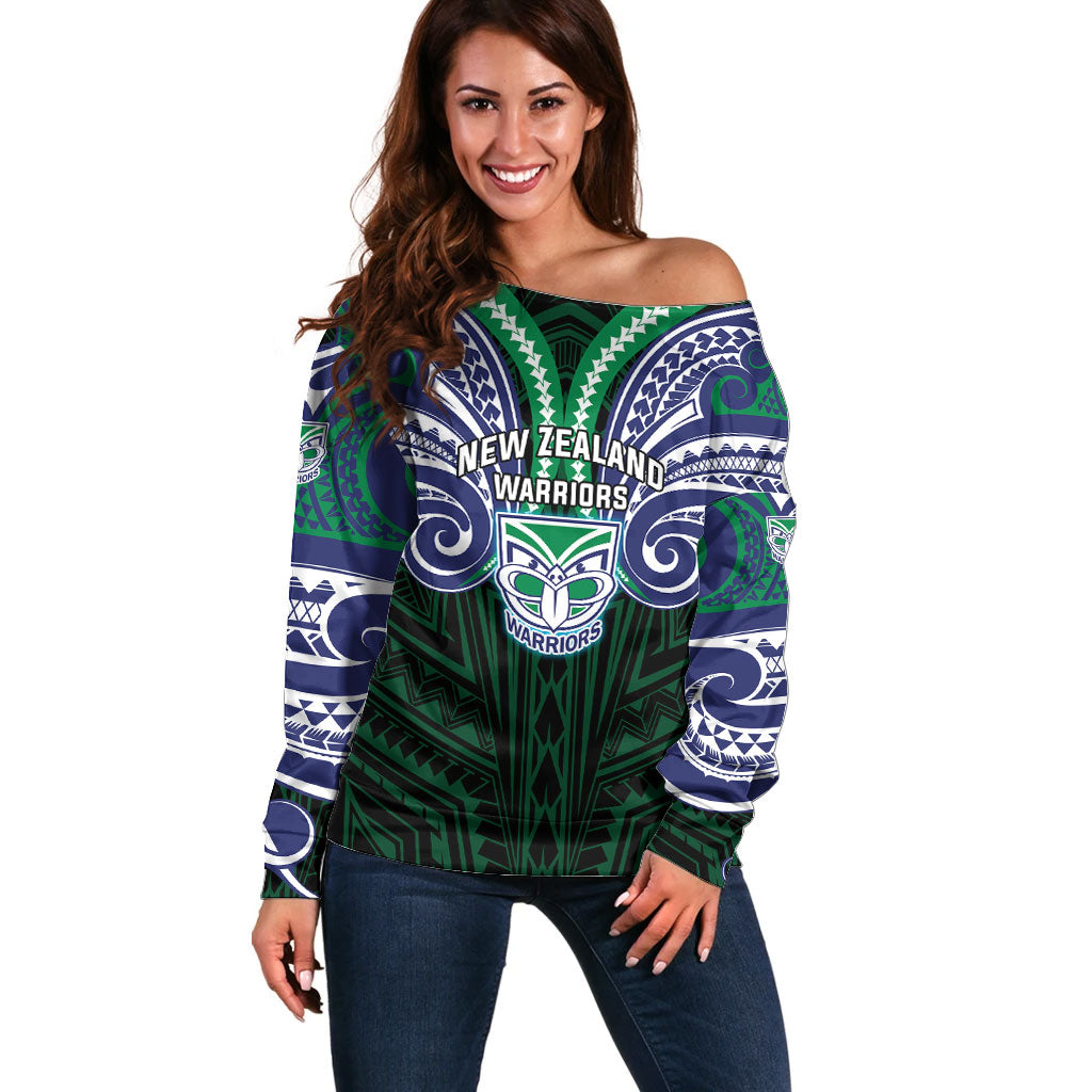 Custom New Zealand Warriors Off Shoulder Sweater Maori Warrior Polynesia Islander Rugby Mascot