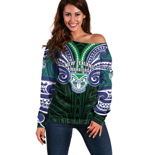Custom New Zealand Warriors Off Shoulder Sweater Maori Warrior Polynesia Islander Rugby Mascot