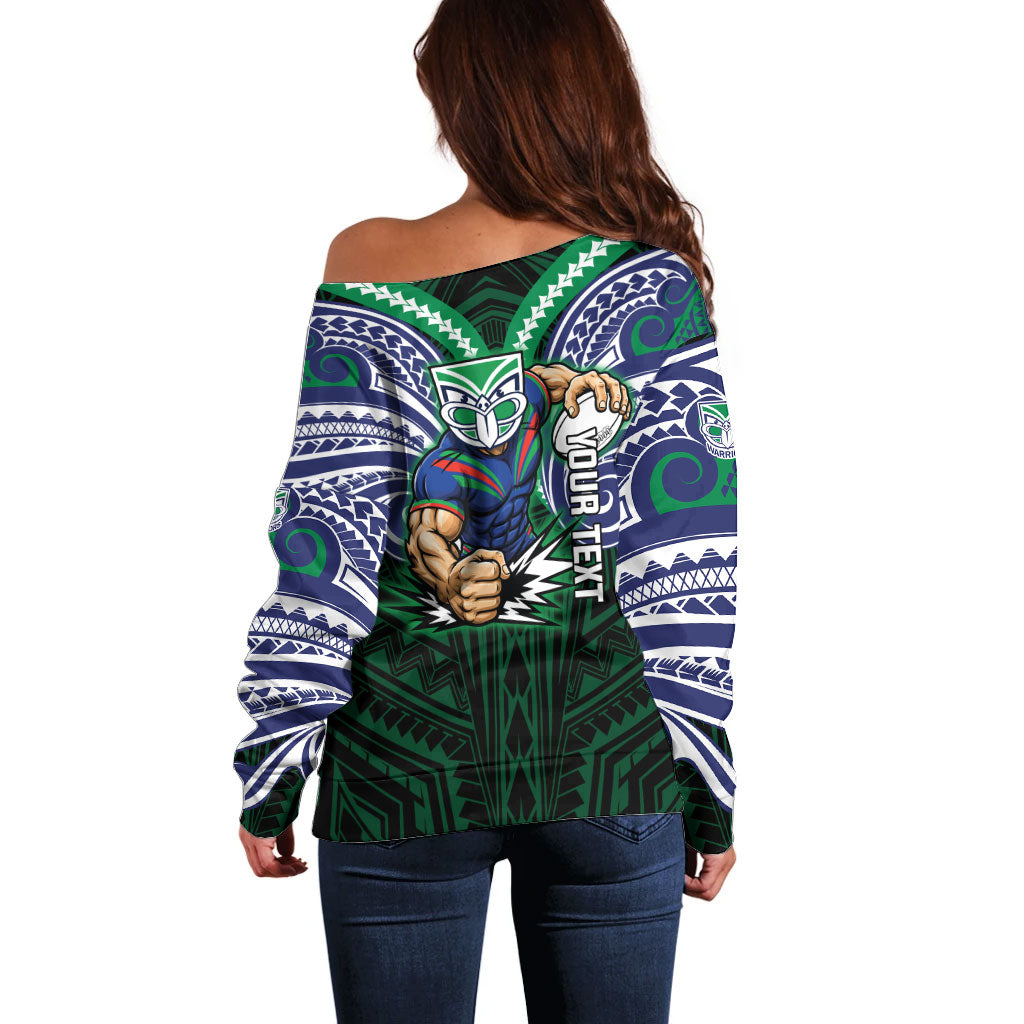 Custom New Zealand Warriors Off Shoulder Sweater Maori Warrior Polynesia Islander Rugby Mascot