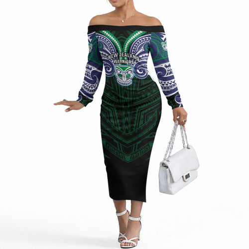 Custom New Zealand Warriors Off The Shoulder Long Sleeve Dress Maori Warrior Polynesia Islander Rugby Mascot