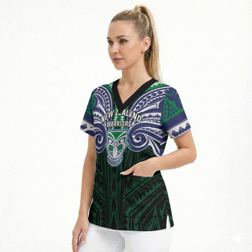 Custom New Zealand Warriors Scrub Top Maori Warrior Polynesia Islander Rugby Mascot