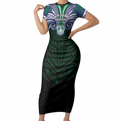Custom New Zealand Warriors Short Sleeve Bodycon Dress Maori Warrior Polynesia Islander Rugby Mascot