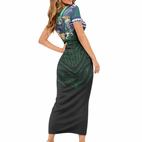 Custom New Zealand Warriors Short Sleeve Bodycon Dress Maori Warrior Polynesia Islander Rugby Mascot