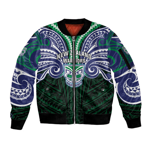 Custom New Zealand Warriors Sleeve Zip Bomber Jacket Maori Warrior Polynesia Islander Rugby Mascot