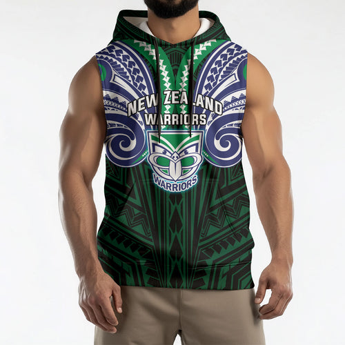 Custom New Zealand Warriors Sleeveless Hoodie Maori Warrior Polynesia Islander Rugby Mascot
