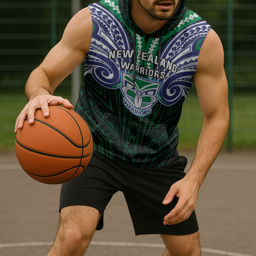 Custom New Zealand Warriors Sleeveless Hoodie Maori Warrior Polynesia Islander Rugby Mascot