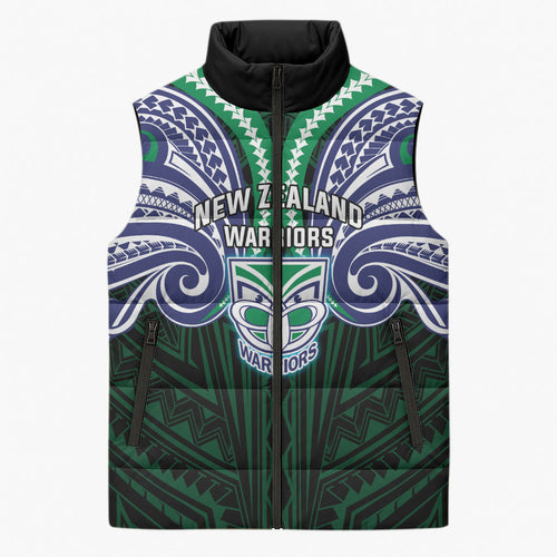 Custom New Zealand Warriors Sleeveless Puffer Jacket Maori Warrior Polynesia Islander Rugby Mascot