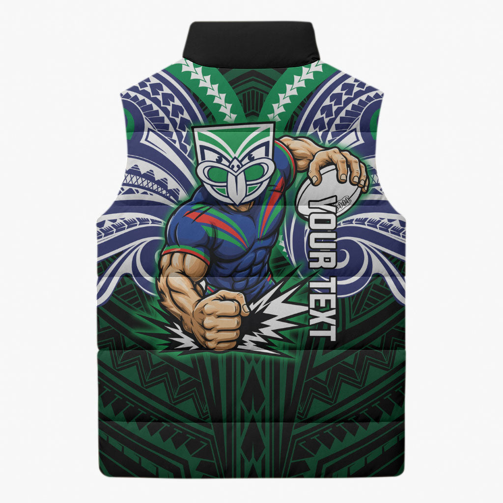 Custom New Zealand Warriors Sleeveless Puffer Jacket Maori Warrior Polynesia Islander Rugby Mascot