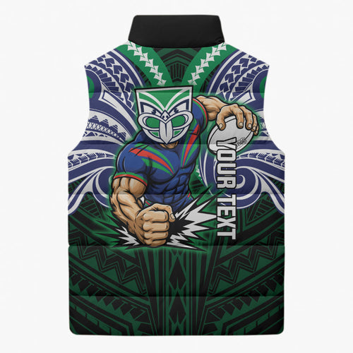 Custom New Zealand Warriors Sleeveless Puffer Jacket Maori Warrior Polynesia Islander Rugby Mascot
