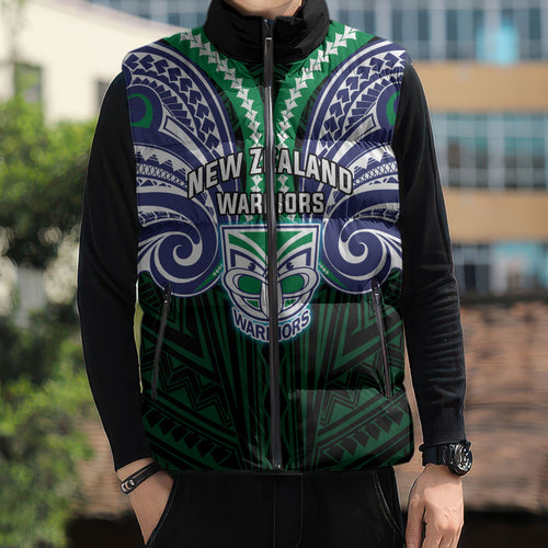 Custom New Zealand Warriors Sleeveless Puffer Jacket Maori Warrior Polynesia Islander Rugby Mascot