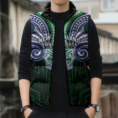 Custom New Zealand Warriors Sleeveless Puffer Jacket Maori Warrior Polynesia Islander Rugby Mascot